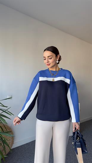 Beyaz Şeritli Çift Renk Sweat Mavi