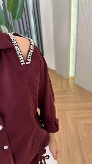 Bordo Natha Büzgülü Taş Detay Tensel Gömlek