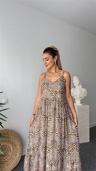 Kahve Zebra Desenli Askılı Elbise 