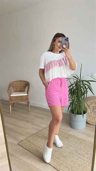 Beli Lastikli Pembe Keten Şort