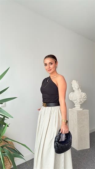 Siyah Tek Omuz Asimetrik Poplin Bluz