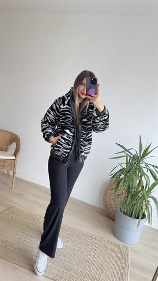 Deri Garnili Zebra Desen Peluş Mont