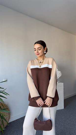 Beyaz Şeritli Çift Renk Sweat Kahve
