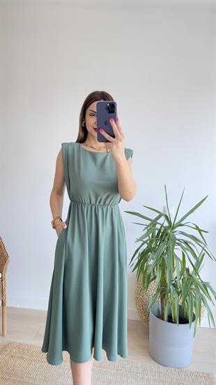 Beli Lastikli Vatkalı Haki Basic Elbise 
