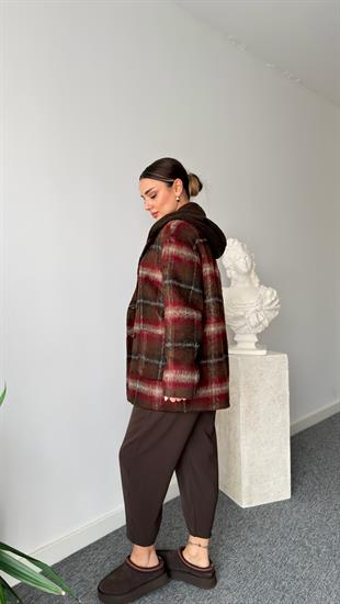 Triko Kapüşon Detaylı Astarlı Bordo Ekose Kaban