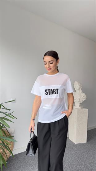 Start Yazı Detay Beyaz Tül Tshirt
