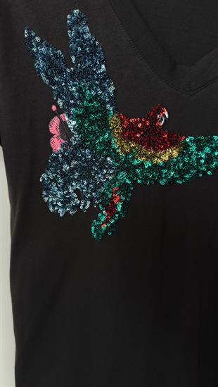 Renkli Kuş Baskı V Yaka Tshirt