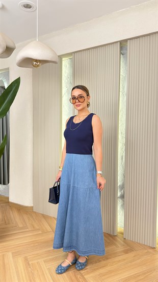 Lacivert Triko Denim Mix Tensel Elbise 