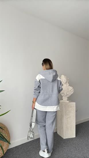 Beyaz Gabardin Garnili Şardonlu Gri Eşofman Takımı