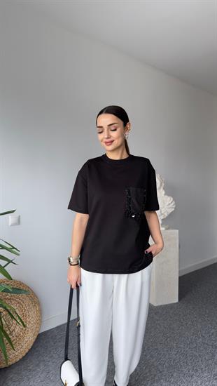 Veal Cebi Taş Detaylı Siyah Tshirt