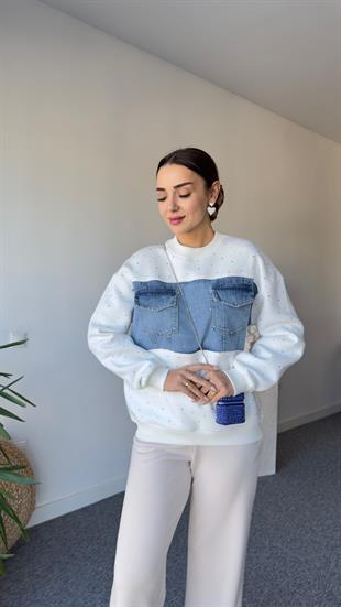 Kais Kot Garnili Taşlı Beyaz Sweatshirt