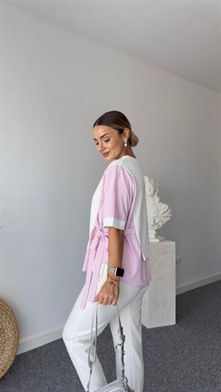 Sei Pembe Yan Bağlamalı Tshirt