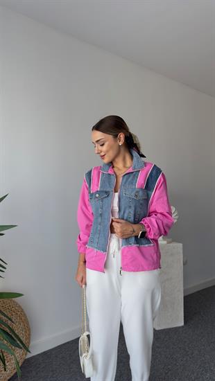 Lucas Pembe Şeritli Denim Mix Ceket