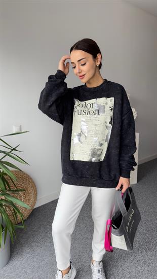 Fusion Baskı Detaylı Yıkamalı Sweat