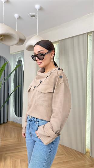 Bej Zra Model Dik Yak Düğmeli Gömlek