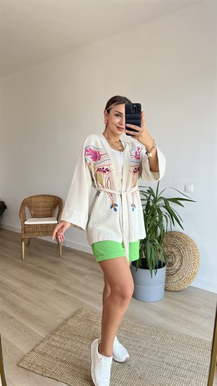 Renkli Nakış Detaylı Keten Kimono