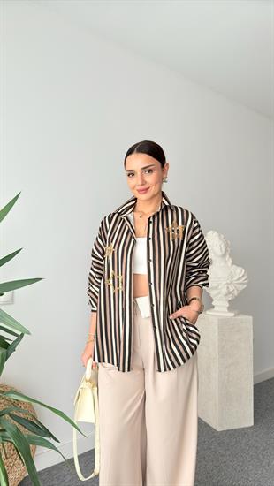 Kahve Çizgili Yıldız Taşlı Gömlek
