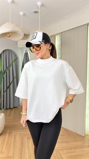 Beyaz Calza Vatkalı Tok Doku Tshirt