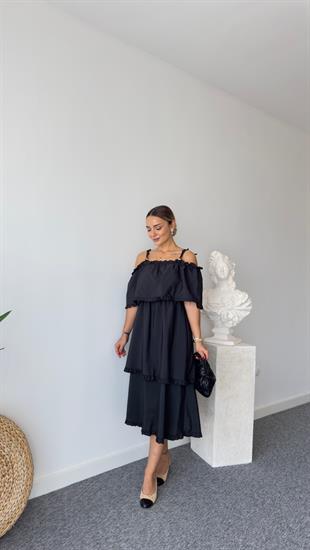 Madonna Yaka Katlı Siyah Elbise 