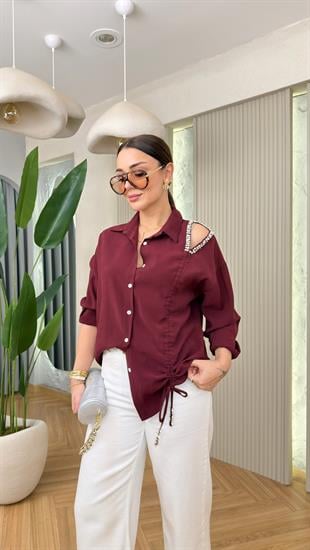 Bordo Natha Büzgülü Taş Detay Tensel Gömlek