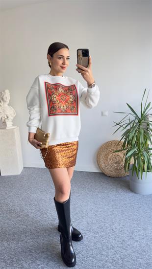 Tulis Kırmızı Baskı Beyaz Sweatshirt