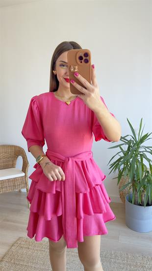 Pembe Katlı Balon Kol Elbise
