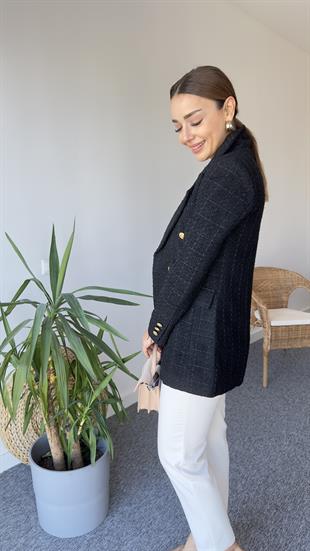 Gold Düğme Siyah Tüvit Blazer Ceket
