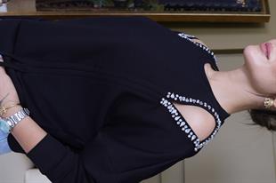 Siyah Loden Pencere Detay Taş İşlemeli Modal Sweat