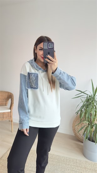 Kot Ve Taş Detaylı Tasarım Beyaz Sweat
