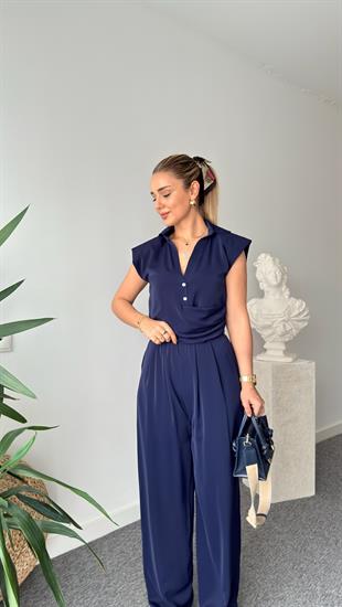 Lacivert Fredi Yan Fermuarlı Bluz