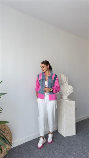 Lucas Pembe Şeritli Denim Mix Ceket