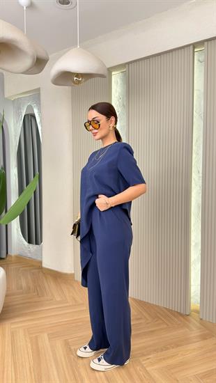 Lacivert Pella Asimetrik Bluz Pantolon Takım