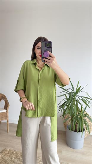 Yanları Düğme Detay Yeşil Gömlek