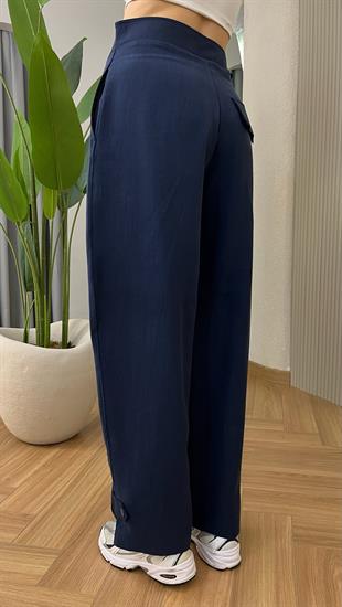 Lacivert Paça Düğme Detaylı Pantolon