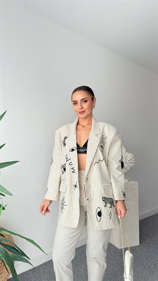 Jansen Nakış Detaylı Çizgili Blazer Ceket