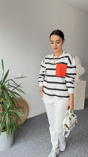 Cebi Turuncu Siyah Çizgili Sweatshirt
