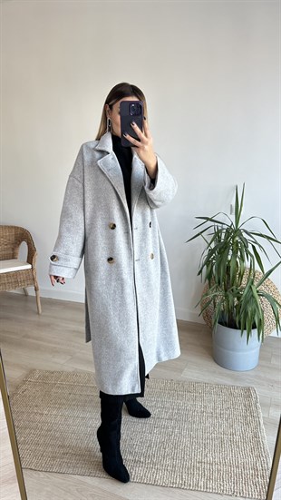 Kuşak Detaylı Astarlı Gri Kaban