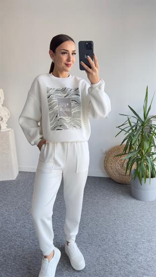 Mels Taşlı Ve Zebra Desen Beyaz Sweat