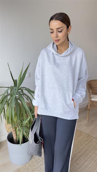 Zra Model Sırtı Poplin Kapüşonlu Gri Sweat