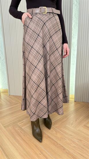 Bej Lunca Kemerli Ekose Etek