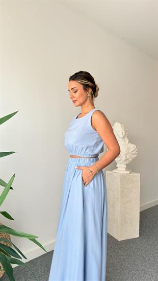 Mavi Keten Etekli Crop Takım