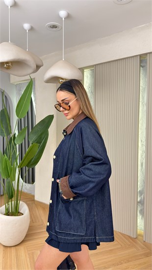 İç Ekoseli Kadife Yaka Oversize Ceket