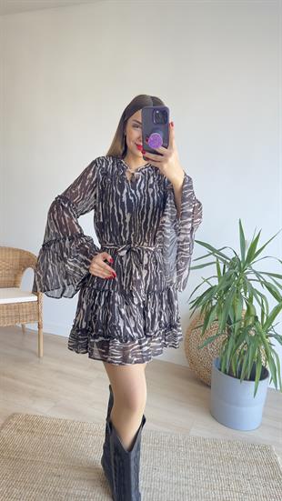 Zebra Desen Astarlı Şifon Elbise
