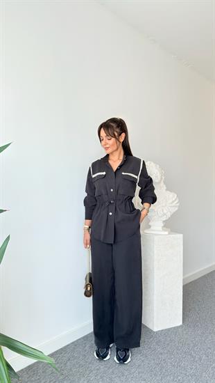 Siyah Taliz Bel Büzgülü Aksesuarlı Tensel Takım