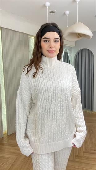 Ekru Atkılı Üçlü Triko Takım