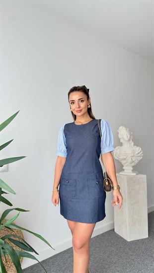 Tian Kollar Poplin Likralı Jean Elbise
