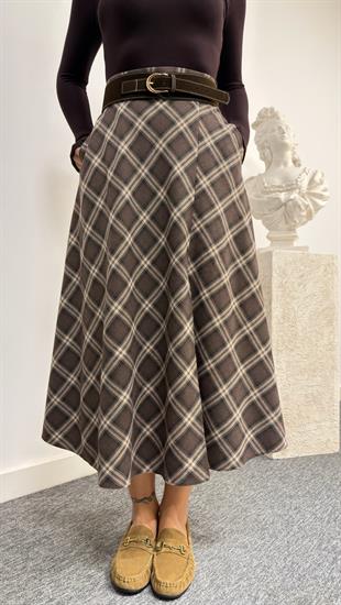 Kahve Orne Zra Model Kemerli Ekose Etek