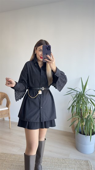 Sırtı Fisto Detaylı Oversize Siyah Gömlek