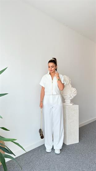 Beyaz Fermuarlı Zra Model Ceket Takım