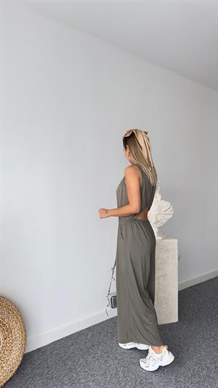 Sırt Dekolte Bel Lastikli Haki Tulum